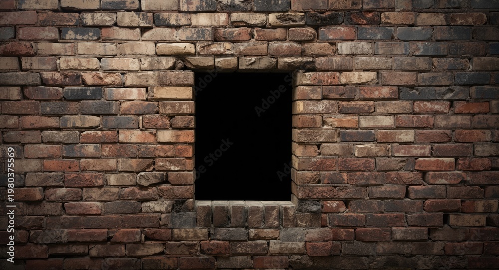 Fototapeta premium Worn vintage bricks with central deep black opening and tactile surface