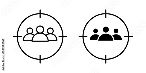Target audience icon in stroke and solid fill styles, isolated on white background. Ideal for marketing strategies, customer segmentation, and business analytics.
