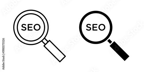 SEO icon in stroke and solid fill styles, isolated on white background. Ideal for search optimization, digital marketing, and website ranking concepts.