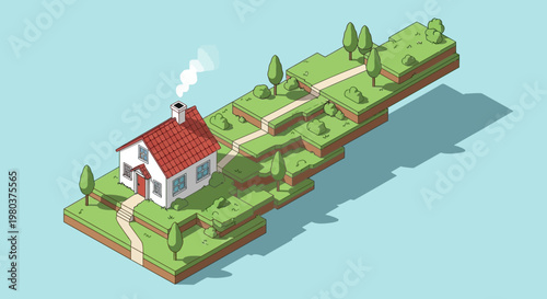 Isometric illustration of a house and landscape with trees and paths