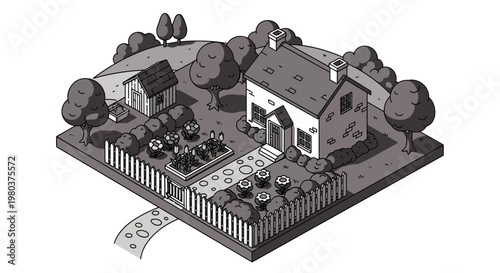 Isometric illustration of a house and garden with shed and path