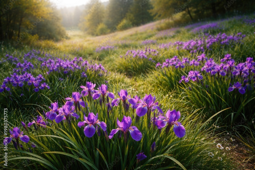 Obraz premium Vibrant violet iris flowers blooming as groundcover in lush grassy natural landscape