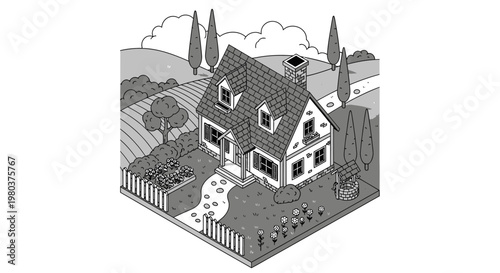 Isometric illustration of a house in a rural setting with garden and landscape