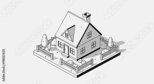 Isometric illustration of a house with fenced yard and trees