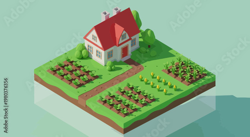 Isometric illustration of a house with garden and crops on a green background