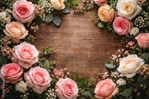 Copy space floral arrangement with roses on textured wooden backdrop