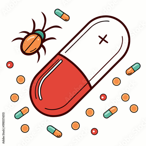 Pill with bug and cross symbol vector illustration. insecticide capsule for pest control, extermination treatment, and insect killing.