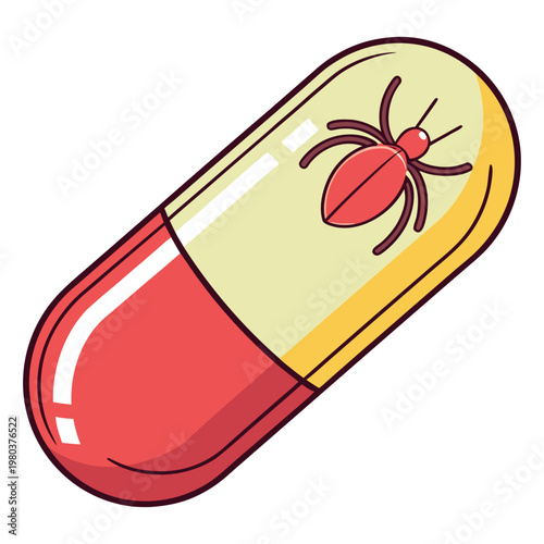 Pill with spider symbol vector illustration. insecticide capsule for pest control, extermination treatment, and insect killing.
