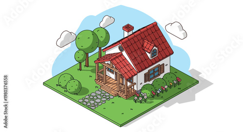 Isometric illustration of a house with red roof and green surroundings