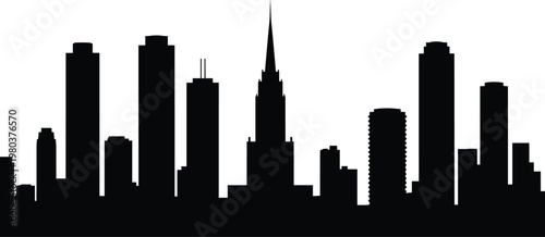Black silhouette of a modern city skyline with skyscrapers and tall buildings on a white background, urban landscape for architectural design.
