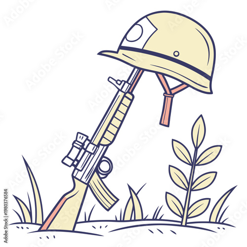 Professional military memorial graphic featuring rifle with optic sight and helmet for veterans remembrance events in clean cream and blue colors.