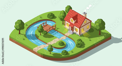 Isometric illustration of a house with river trees and bridge on green terrain