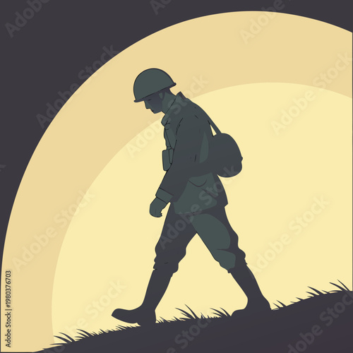 Solemn military veteran walking down grassy hill at sunset with bowed head reflecting on loss and the emotional weight of war service and sacrifice.
