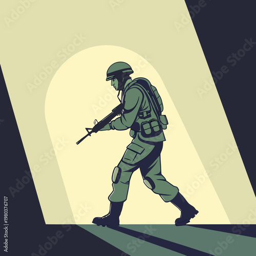 Modern infantry soldier walking with rifle in tactical gear inside circular light tunnel representing covert operations special forces and combat.