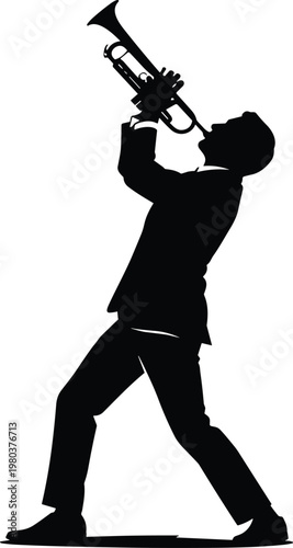 Black silhouette of a professional jazz musician playing trumpet, male brass player icon isolated on white, musical performer for creative design.
