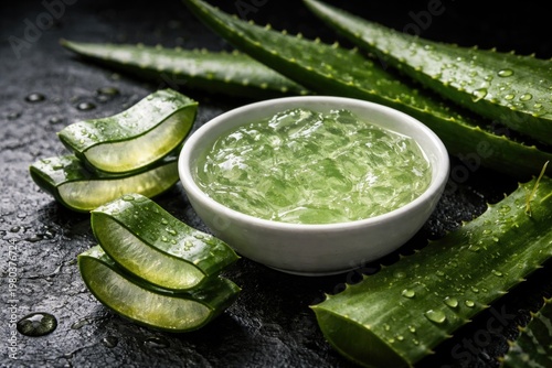 Natural skincare concept with aloe vera gel in white bowl and fresh aloe slices on dark background