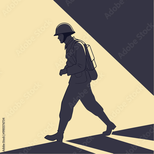 Minimalist vector illustration of soldier silhouette walking through sharp beam of light representing war struggle military service and endurance.