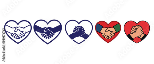 Heart shape with handshake icons set for unity partnership cooperation and business agreement concepts in various styles.