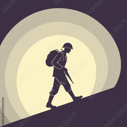 Soldier silhouette walking up slope through concentric light circles vintage propaganda style.