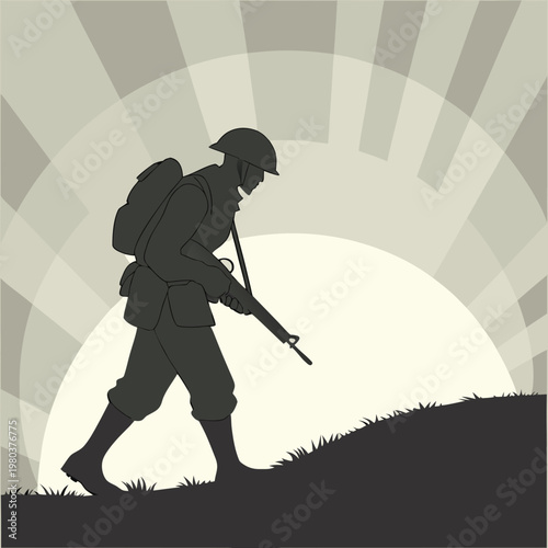 Soldier silhouette walking uphill with a rifle backpack and helmet against a setting sun or moon in a black and white image.