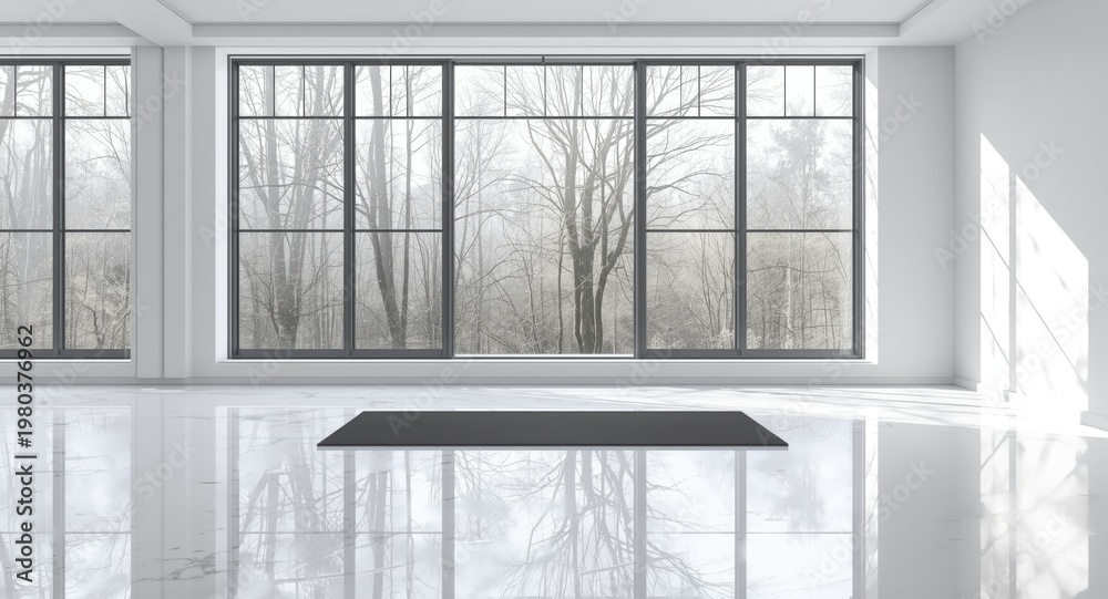Fototapeta premium Large window filled gym with black yoga mat on glossy white floor and ample copy space