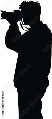Black silhouette of a professional photographer taking a photo with digital camera, male videographer icon isolated on white, creative photography.