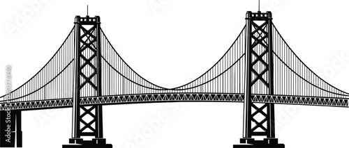 Black silhouette of a suspension bridge isolated on white background for San Francisco travel and civil engineering architectural design projects