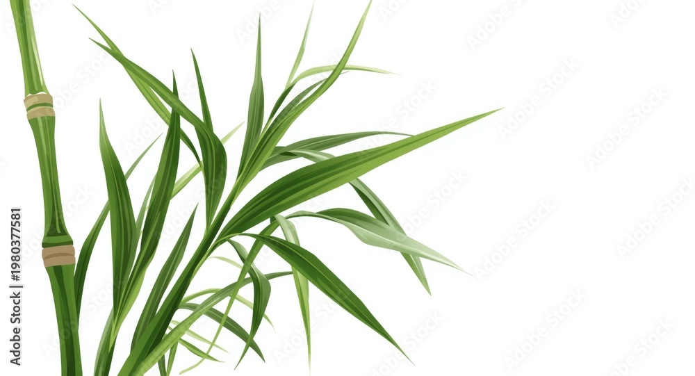 Fototapeta premium Vector illustration of a sugarcane stalk with green leaves on a clean white backdrop