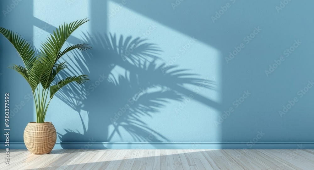 Fototapeta premium Stage design mockup showing palm shadow on blue plaster wall in boho luxury summer setting