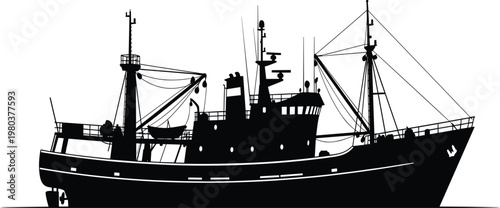 Black silhouette of commercial fishing boat industrial trawler vessel isolated on white background, nautical maritime sea transport icon for design.