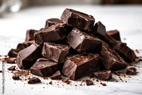 Dark Chocolate Chunks Stacked on Clean White Surface