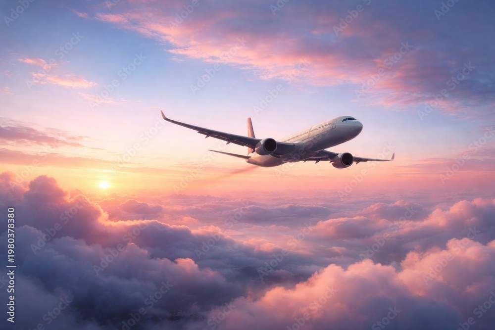 Obraz premium An airplane glides across a soft pastel sky at dawn
