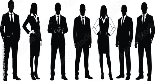 Black silhouette of professional business team, diverse businessmen and businesswomen standing in formal suits, isolated on white background, corporate group.