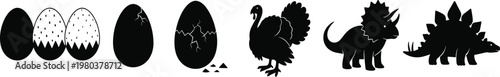 Black Silhouette Vector Set Featuring Dinosaur Triceratops, Stegosaurus, Farm Turkey, and Hatching Bird Eggs for Nature Education, Logo, and Branding