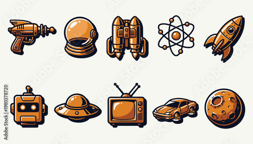 Retro futuristic science fiction icons set in vintage space age style