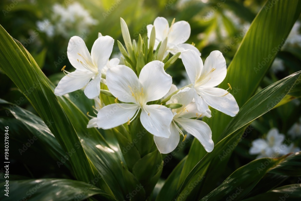 Fototapeta premium White flowering gingerlily with butterfly shaped petals and fragrant scent among lush green foliage