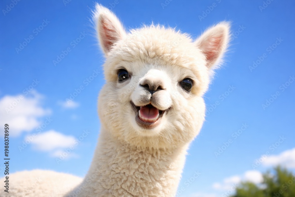 Fototapeta premium Happy white alpaca smiling brightly with a clear blue sky background