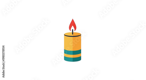 A single lit candle with a yellow body and blue stripes.