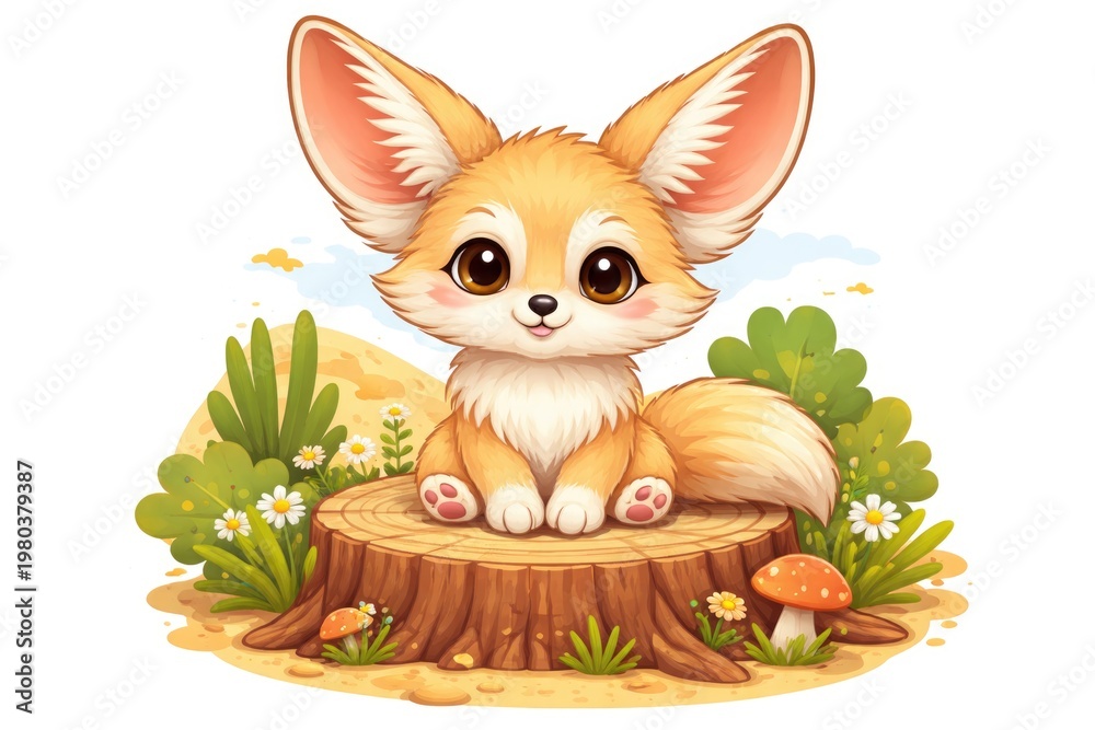 Fototapeta premium Adorable fennec fox sitting on a tree stump in a flat cartoon design