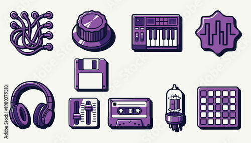 Stylized purple music production and audio engineering icon set