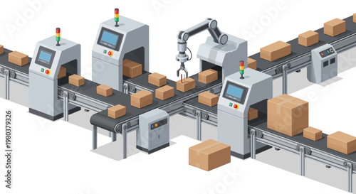 Isometric illustration showcasing a fully automated production line in a smart factory, with robotic arms and conveyor belts efficiently moving cardboard boxes, set against a clean white