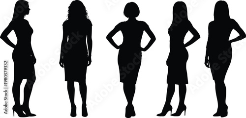 Black silhouettes of diverse professional women standing in confident poses for business fashion and corporate team building concepts on white