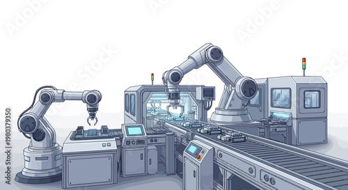 Illustrated automated production line featuring robotic arms assembling products in a smart factory, set against a clean white background with a modern vector design and a technological