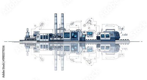 Detailed vector illustration of a fully automated production line in a smart factory, reflecting symmetrically on a white surface with faint blueprint-style designs in the background