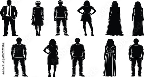 Black silhouettes of diverse people set, men and women standing in casual and formal clothing isolated on white background, vector.
