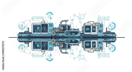 Overhead vector illustration showcasing a fully automated production line with interconnected machinery in a smart factory, rendered in a blueprint style with a cool blue color palette