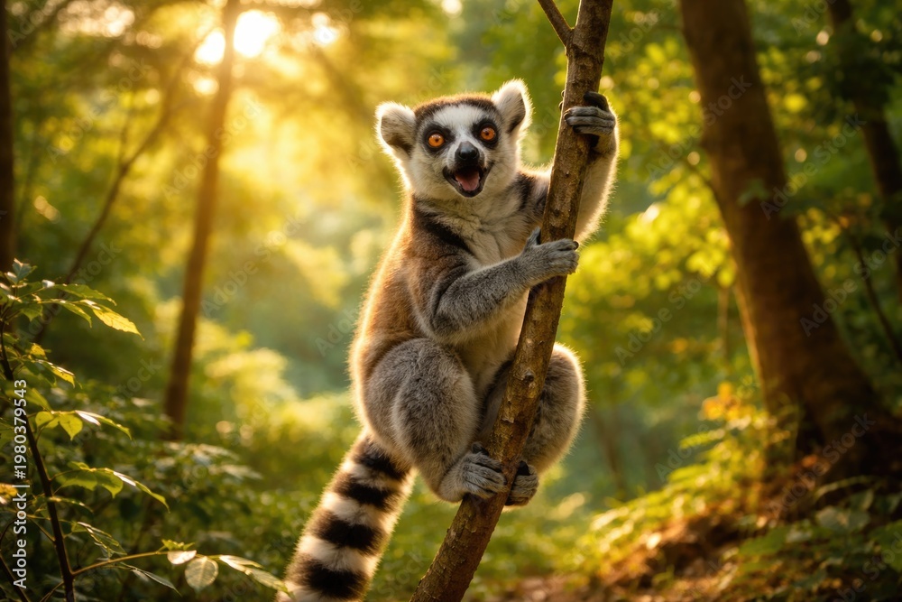 Fototapeta premium Happy lemur climbing a slender branch in a peaceful forest setting