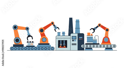 A fully automated production line illustration shows robotic arms working on products with precision in a smart factory, set against a clean white background with a modern, minimalist