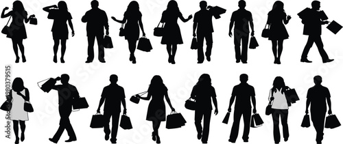Black silhouettes of people carrying shopping bags and packages isolated on white background for retail consumerism and seasonal sale marketing concepts