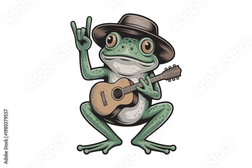 A charming illustration depicts an anthropomorphic green frog playing an acoustic guitar while wearing a brown hat on transparent background high-quality.